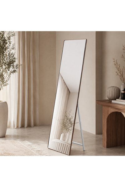 MiLi Modern Tall Stand Mirror with Slim Brown Frame