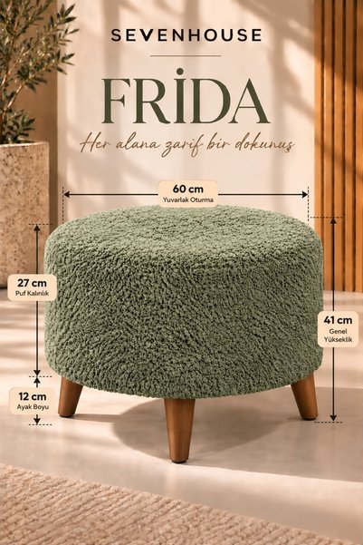 Seven House FRİDA Çok Amaçlı Dekoratif Puf Makyaj Pufu Salon Oturma Pufu Yatak Odası Puf Ahşap Ayaklı Teddy Kumaş Kaplı Puf 60 CM ADAÇAYI YEŞİLİ
