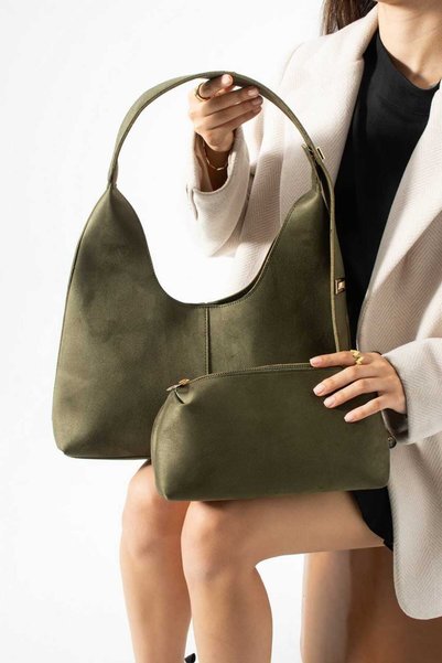 WİKİDAYS.S MODA TRENDİ حقيبة كتف MOON01 من الجلد السويدي باللون الكاكي