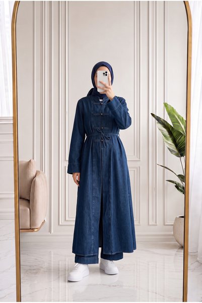 MİHRA STORE Baharbanu Tunic Long Trousers Denim Set-Ml1027 Denim Color
