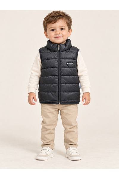 Deniva Kids Unisex Çocuk Siyah Şişme Yelek Dik Yaka Cepli Rüzgar Geçirmez Mev...
