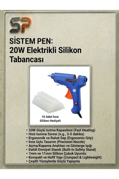 Nerox 20W Sıcak Silikon Tabancası 10 Adet İnce Silikon Çubuk Hediyeli Hobi ve Tamir Tabancası