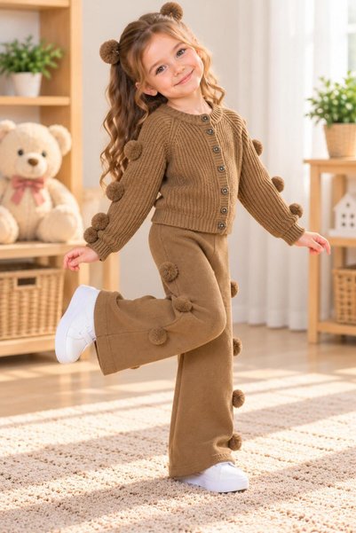 SERPİL Girl's Brown Knitwear Sweater and Pants Set with Pompom Detail