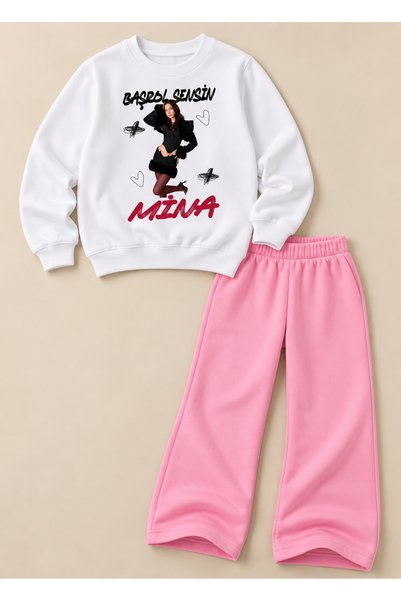 cc collection Manifest Kızları Baskılı Beyaz Sweatshirt ve Pembe Geniş Paça Ç...