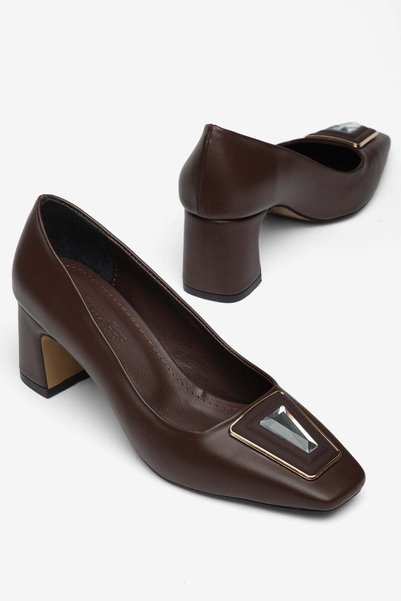 Dilimler Ayakkabı Large Size Women's Thick Heeled Shoes Brown Blunt Toe Stone...