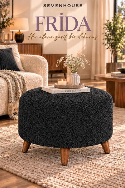 Seven House FRİDA Çok Amaçlı Dekoratif Puf Makyaj Pufu Salon Oturma Pufu Yatak Odası Puf Ahşap Ayaklı Teddy Kumaş Kaplı Puf 60 CM