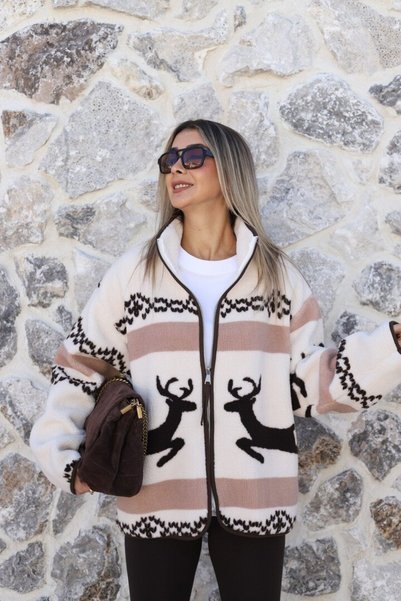 bytugcekaya Ecru Geyik Standard Size Zippered Plush Jacket