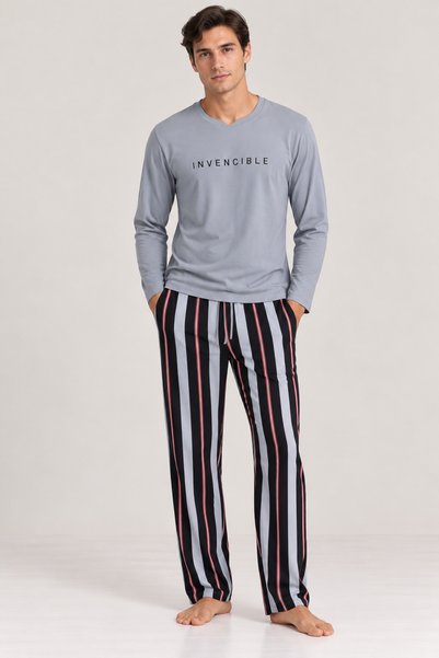 İPEKTENİM Yazı Baskı Detaylı Çizgili Erkek Couple Pijama Takımı