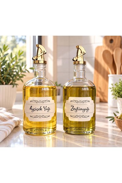 MODA OZY 2'li Gold Sızdırmaz Kapaklı 750 ml Cam Yağlık Seti Suya Dayanıklı Etiket Dahil