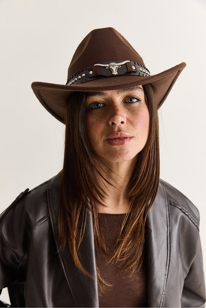 Bianco Lucci Women's Studded Belt Detailed Textured Cowboy Hat with Metal Acc...