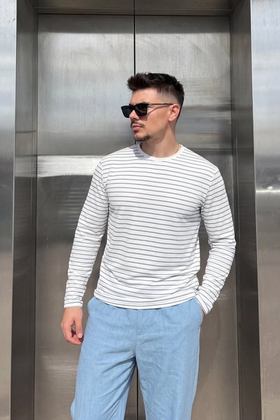 Teenage Millionaire Men's White Blue Striped Long Sleeve Textured Soft Premiu...