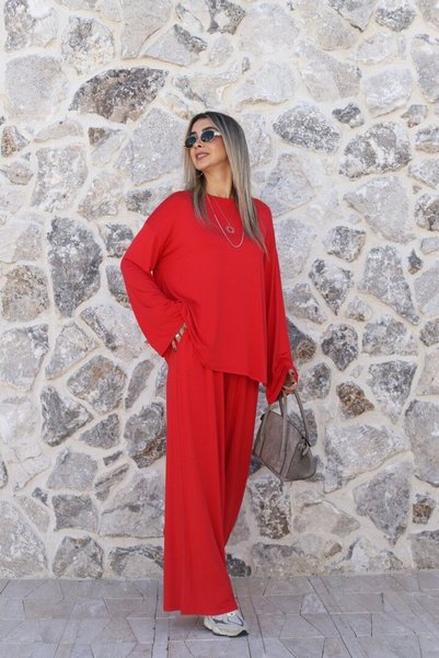 bytugcekaya Red Basic Loose Fit Blouse and Pants Set