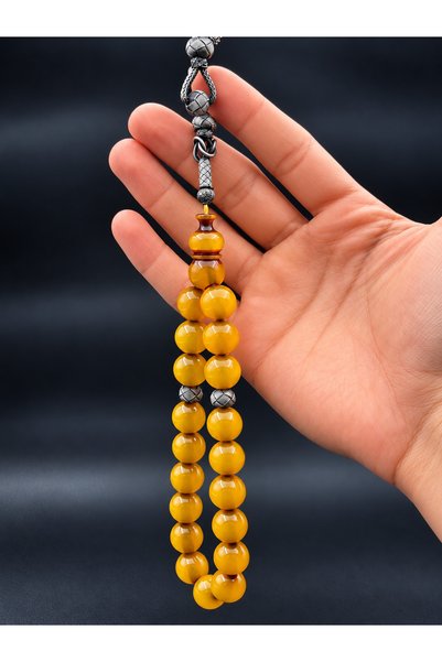 HABBE JEWELS Vişneden Tıraşlı Yeşil Hamur Sıkma Kehribar Gümüş Püsküllü Efe B...