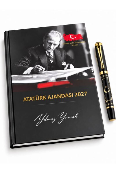 HalkKitabevi Kişiye Özel 2027 Atatürk Ciltli Ajanda ve Türkiye Haritası Desenli Yaldızlı Kalem Y35