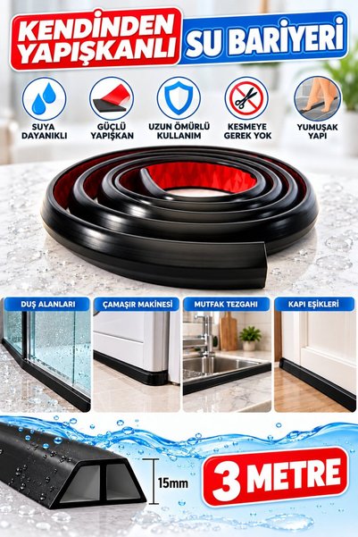 Dünya Magnet Yapışkanlı Siyah Su Bariyeri 3 Metre Duşakabin Mutfak Tezgahı Ka...