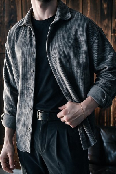 MENOFOURSWEAR Maren Erkek Premium Kalite Oversize Kadife Uzun Kollu Gömlek Ce...