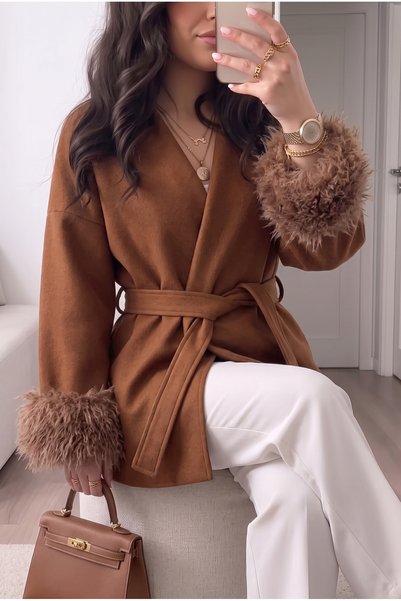 ALFUDO Moda Collection Kahve Bağlama Detaylı Rahat Kalıp Kaşe Kol tüy detay Hırka/Ceket