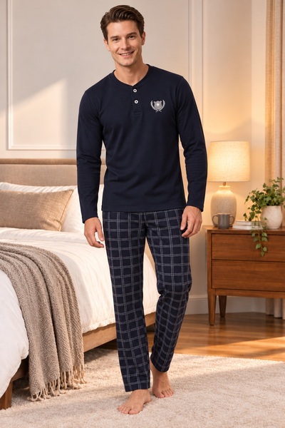 CottonVia Men's Plaid Pajama Set, 100% Cotton, Interlock, Buttoned Collar, Lo...