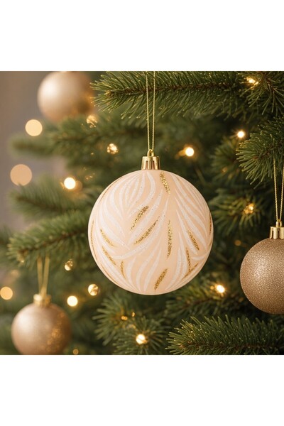 Ornament24 Set 6 globuri de Craciun, rotunde cu model frunze si sclipici, orn...