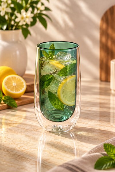 YzHome Borosilicate Double Walled Soft Drink Glass Cup Cidar 400ml Tall