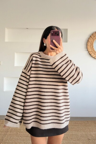 butikhola Coffee Beige Striped Wide Sleeve Soft Sweater
