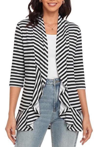 OtherMax Cardigan de damă, tip palton, ușor, casual, cu dungi alb-negru, M