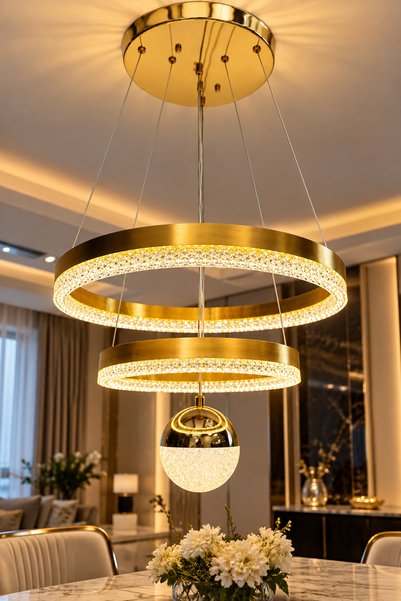 M Mediyamu Aydınlatma Modern Gold 2 Halka 1 Küre LED Sarkıt Avize 40 cm – Kri...