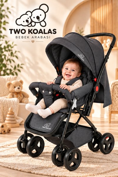 Two Koalas Premium Black Yenidoğan Tam Yatar Çift Yönlü Bebek Arabası