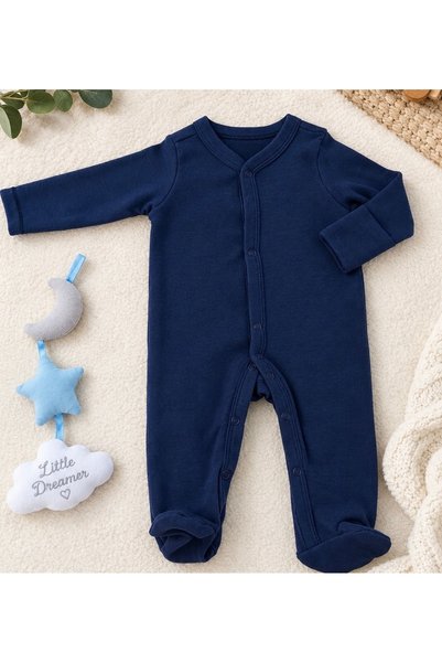 %100 Pamuk Lacivert Patikli Bebek Tulumu – Uzun Kollu Çıtçıtlı