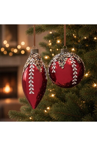 Ornament24 Set 4 globuri de Craciun din sticla, forme asortate cu pietre si p...