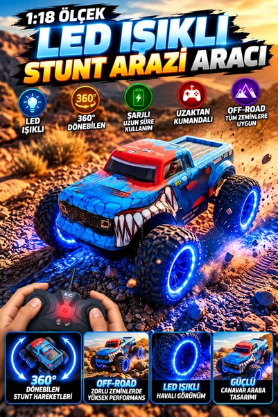 AlieroX ToyZ 1:18 Ölçek LED Işıklı Şarjlı 360° Dönebilen Off-Road Stunt Araba...