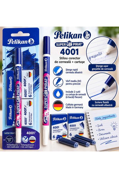 Pelikan Set Super Pirat 4001 – Cariocă PIC pentru Șters Cerneala + 12 Rezerve