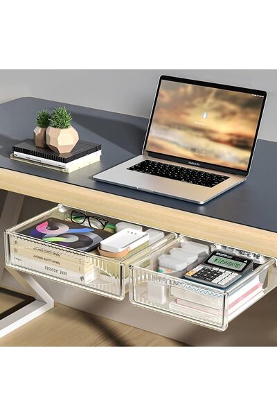 Generic 2 Pack Under Desk Drawer Organizer Box,Large&Small Pull Out Drawer fo...