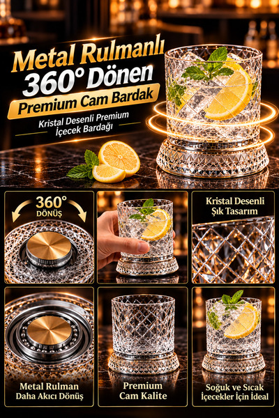 Tasarım Evi Metal Rulmanlı 360° Dönen Premium Cam Bardak | Kristal Desenli Premium İçecek Bardağı