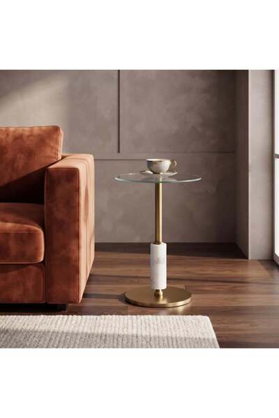 NO BRAND طاولة خدمة جانبية زجاج ورخام 35×35×54 سم ذهبي
