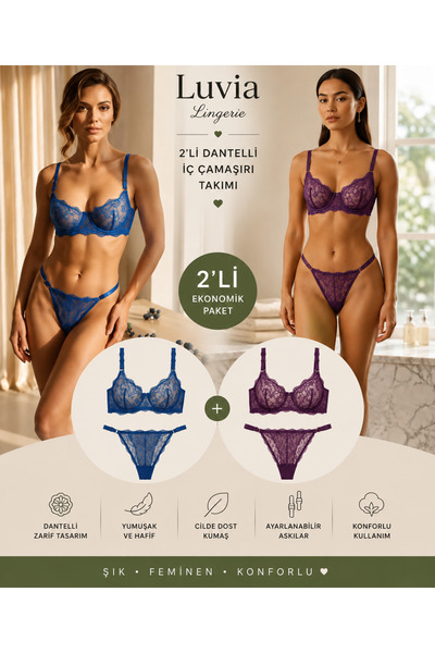 Luvia Lingerie 2’li Kadın Dantelli Sütyen ve Tanga Külot Takımı – Mavi Mor Öz...