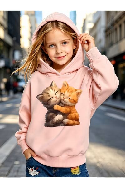 Kızlar İçin Sevimli Gözlerini Kapatmış Sarılan Kedi Desenli Moda Kapüşonlu Sweatshirt, Günlük ve Rahat Hoodie