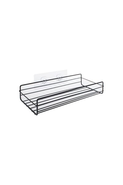 OEM Black Metal Shelf with Self-Adhesive Hooks for Bathroom 27x10.5x5cm