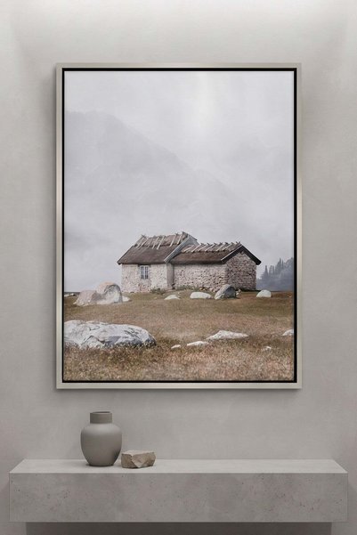 Jasmine Art Misty Stone Cottage Architecture Wall Art | Portrait Framed Canva...