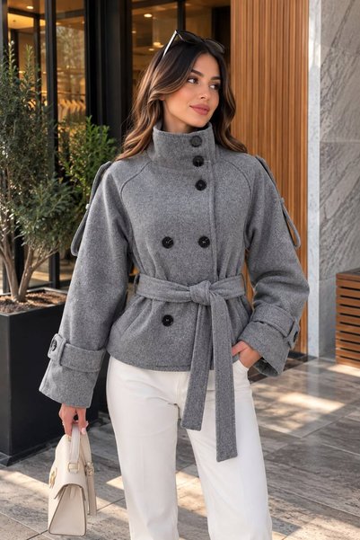 BELİS WEAR معطف نسائي كبير الحجم من BSK موديل Dik ذو ياقة عالية ومبطن بالكشمي...
