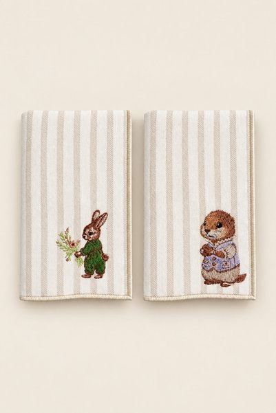 LİONYA DESİGN Vintage Rabbit & Cookie Keeper Embroidered Decorative Hand Towe...
