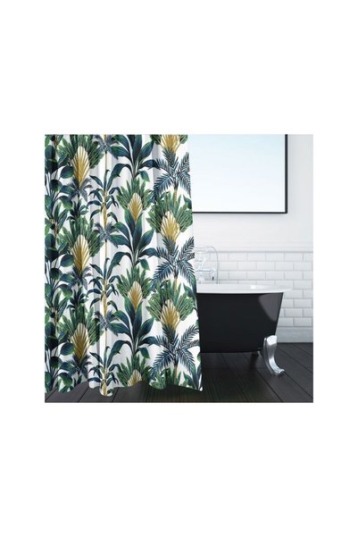 OEM Perdea Dus Alba cu Model Frunze Tropicale Mari Verzi 180x180cm