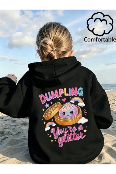 Kız Çocuk Kapüşonlu Sweatshirt, Sevimli Yemek Temalı Sweatshirt, Xiaolongbao Gökkuşağı Baskı Deseni, Çocuklar İçin Şık ve Trend Üst, Tatil Hediyesi