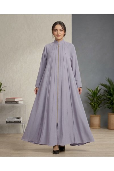 Muchmy Women’s High-Neck Zipper Pleated Premium Grayish Abaya With Scarf
