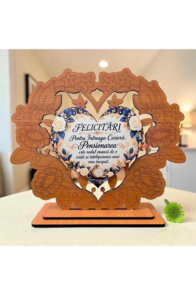 OEM Cadou de Pensionare – Ramă Florală din Lemn, Inimă cu Ceas și Mesaj, 22x1...