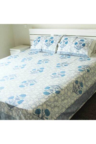 Ecotattva Bedsheet and 2 Pillow Covers - Blue and Bluish Grey Printed