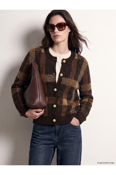 LC Waikiki Ozmarka New Season Brown Plaid Women's Knitwear Cardigan