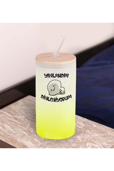 Bk Gift Humorous Design Yellow Color Frosted Glass Cup with Straw 600ml - 12,...