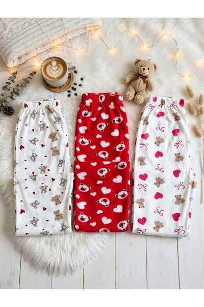 Kadın 3'lü Süet Pijama Altı Seti , Kırmızı ve Ayıcık Desenli