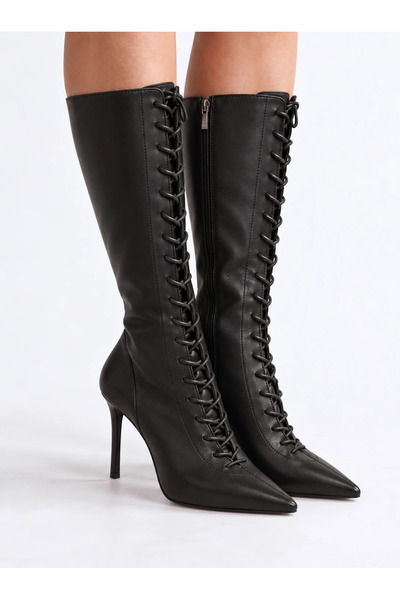 Soleil Women's Black Long Boots with Laces and Stiletto Heel, Pointed Toe and...